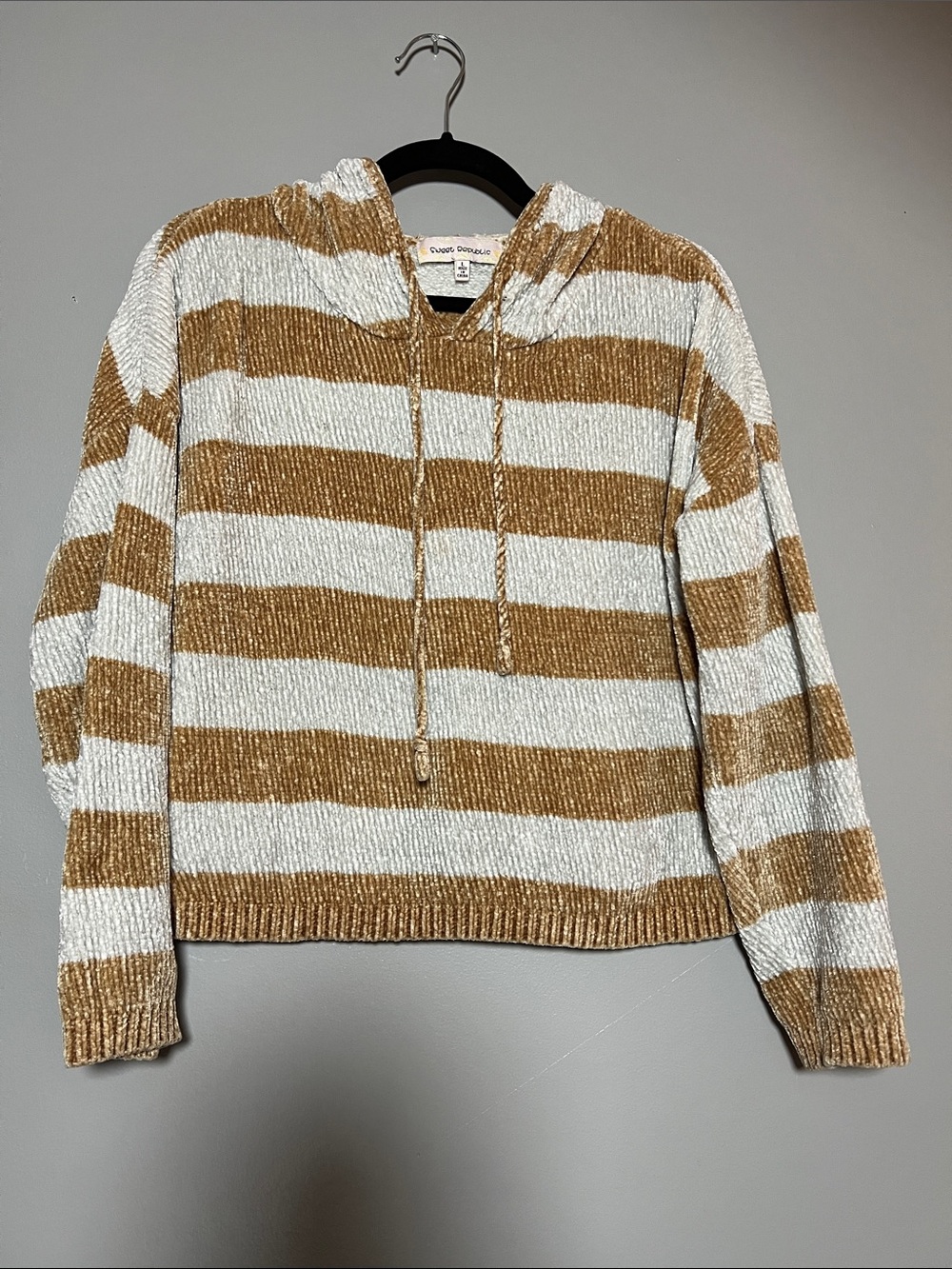 Sweet Republic hooded sweater brown and white chenille knit horizontal stripes